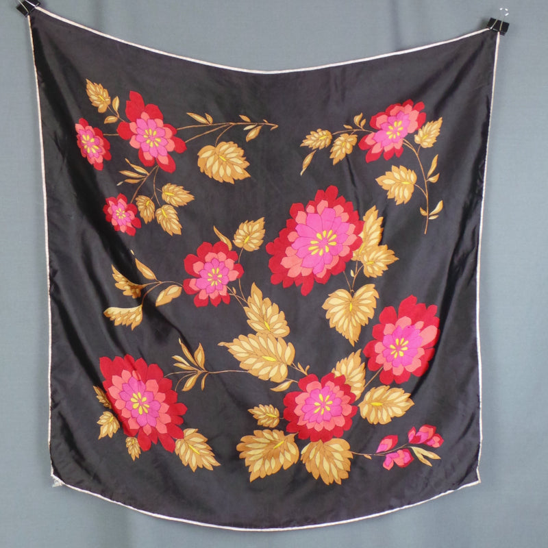 1960s Dark Brown and Pink Big Flower Vintage Scarf