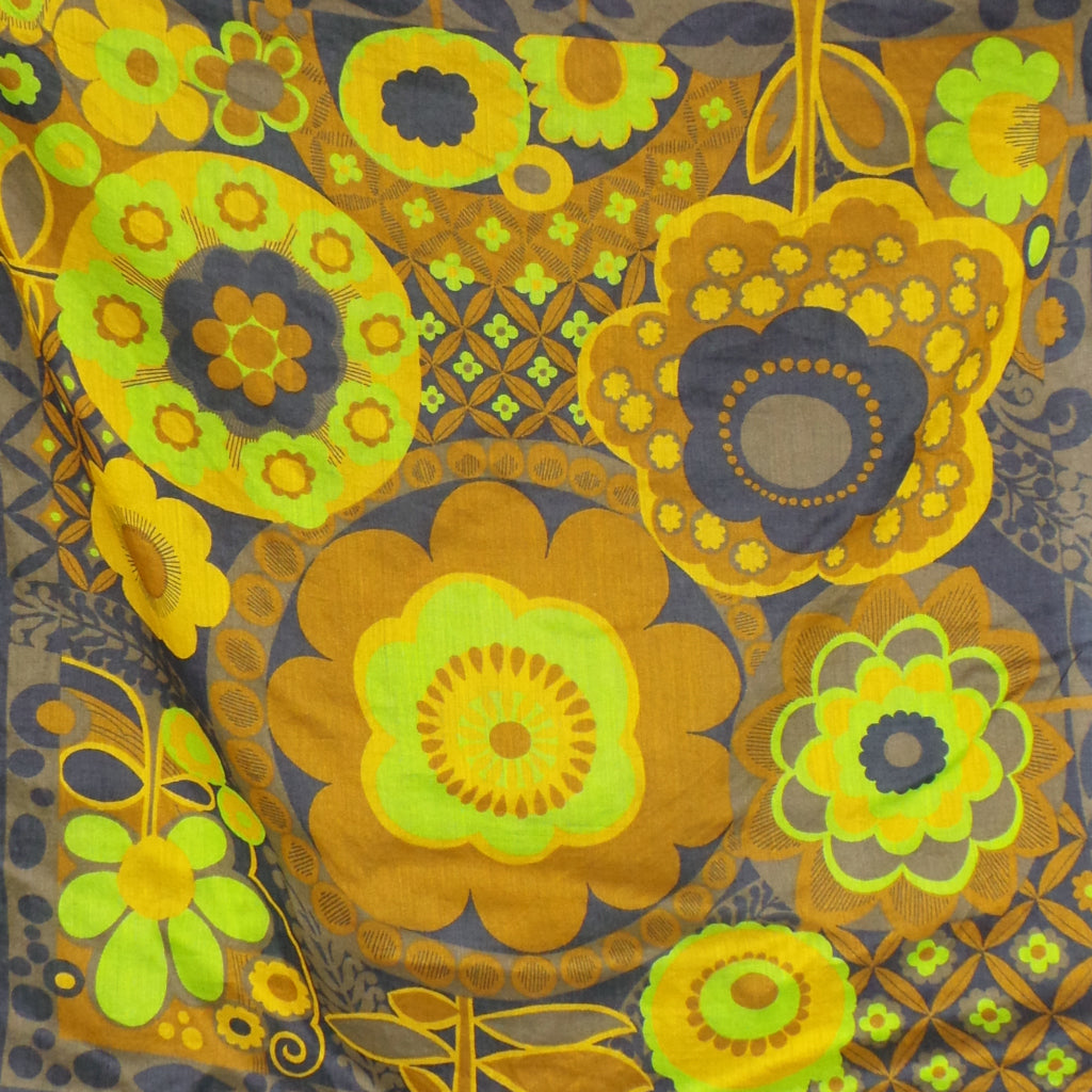 1960s Lime, Tan and Brown Bold Floral Vintage Scarf
