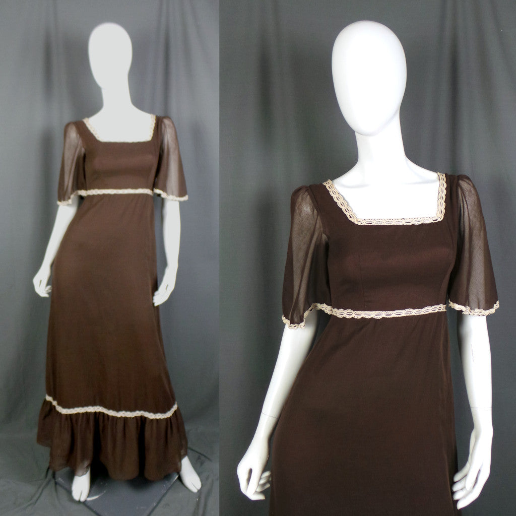 1960s Richard Shops Brown Flutter Sleeve Vintage Prairie Dress