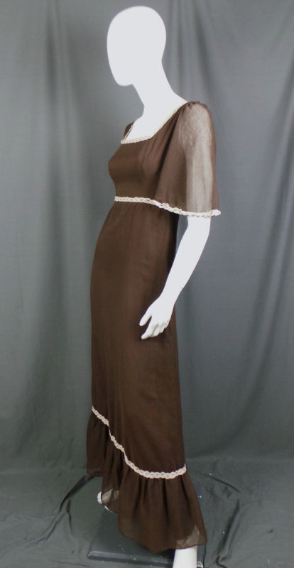 1960s Richard Shops Brown Flutter Sleeve Prairie Dress | 2XS