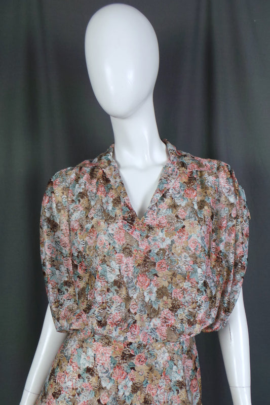 1980s Peach and Tan Floral Lace Dress | Kati | S
