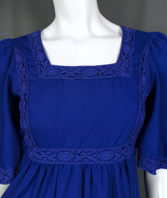 1960s Mid-Blue Flutter Sleeve Prairie Dress | XS