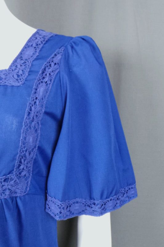 1960s Mid-Blue Flutter Sleeve Prairie Dress | XS