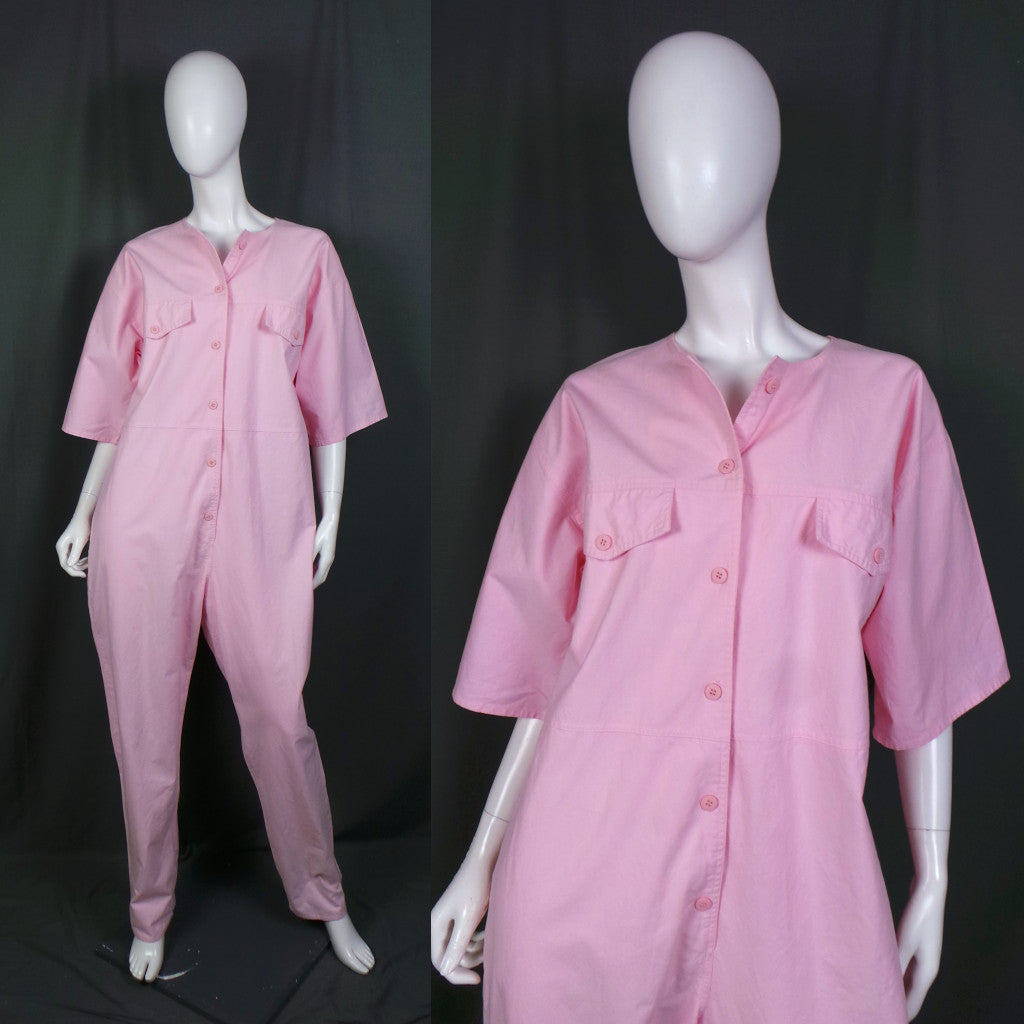 1980s Marshmallow Pink Cotton Jumpsuit Vintage Boilersuit