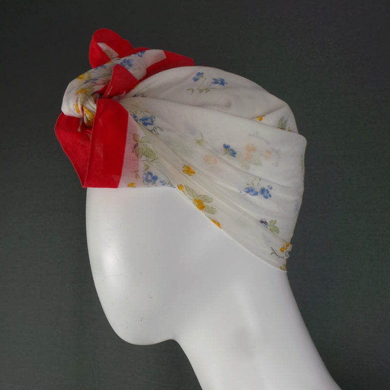 1960s White and Red Ditsy Floral Cotton Scarf