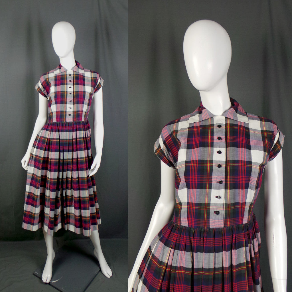 1950s Purple and Red Plaid Check Classic Shirtwaister Dress, 38in Bust