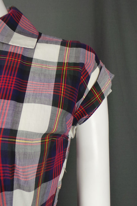 1950s Purple and Red Plaid Check Classic Shirtwaister Dress, 38in Bust