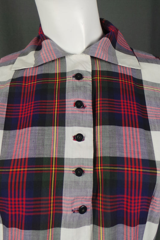 1950s Purple and Red Plaid Check Classic Shirtwaister Dress, 38in Bust
