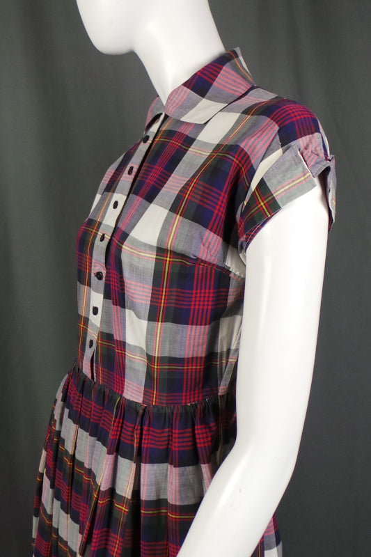 1950s Purple and Red Plaid Check Classic Shirtwaister Dress, 38in Bust