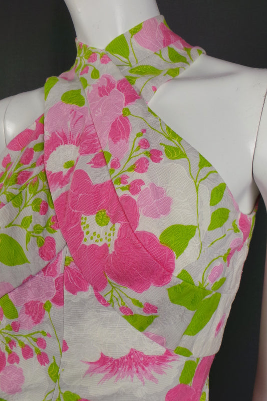 1970s Pink & White Peony Open Back Dress | Estevez | XS