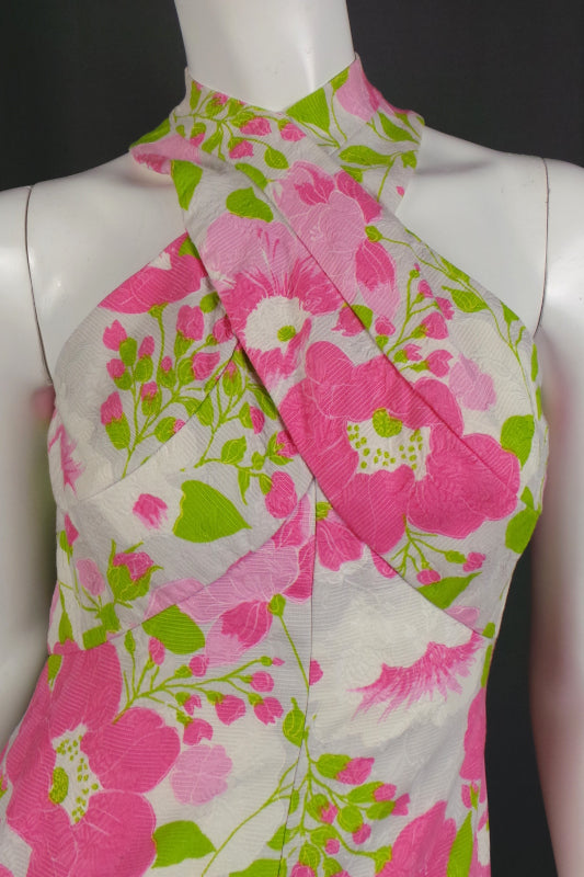 1970s Pink & White Peony Open Back Dress | Estevez | XS