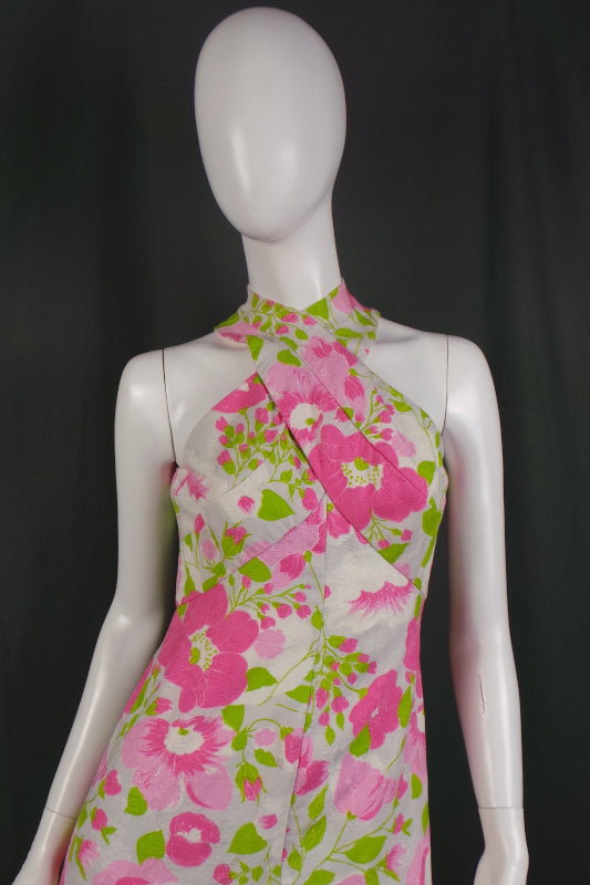 1970s Pink & White Peony Open Back Dress | Estevez | XS