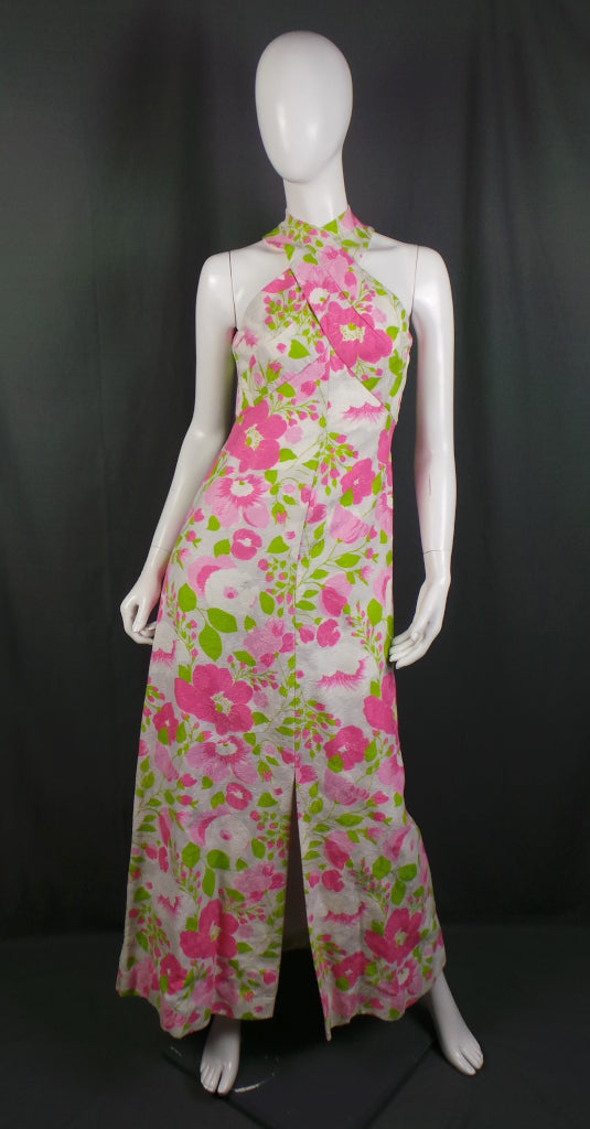 1970s Pink & White Peony Vintage Open Back Dress | Estevez