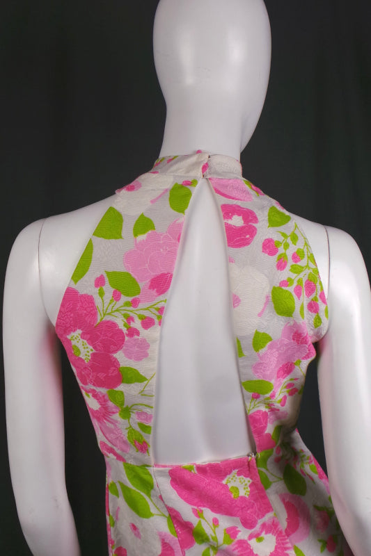 1970s Pink & White Peony Open Back Dress | Estevez | XS
