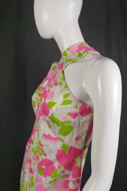 1970s Pink & White Peony Open Back Dress | Estevez | XS
