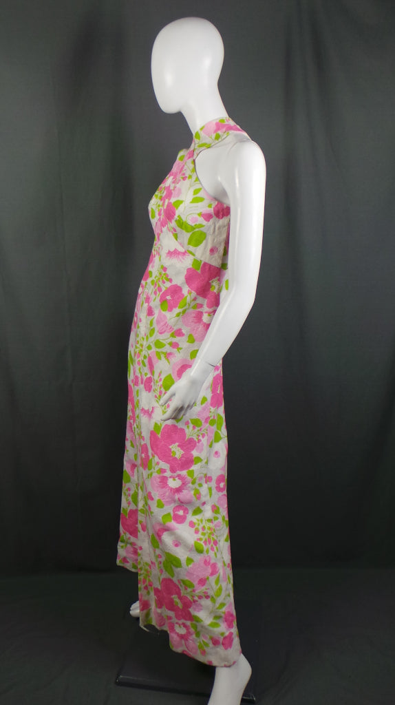 1970s Pink & White Peony Open Back Dress | Estevez | XS
