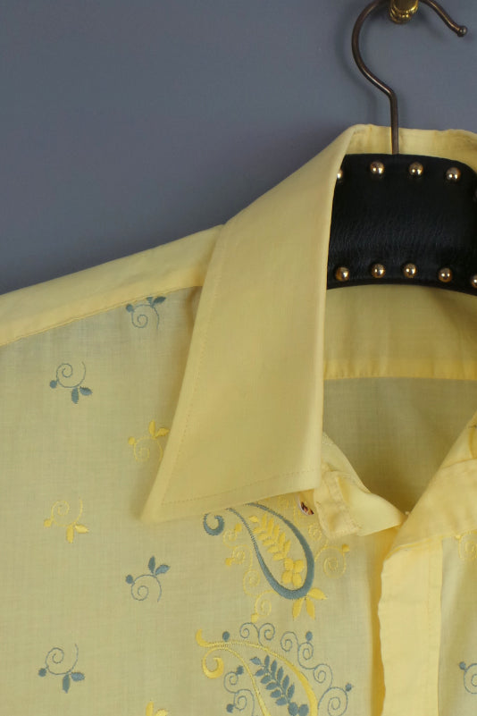 1970s Lemon Yellow and Grey Paisley Embroidered Shirt, by Bonsoir Boutique, 45in Chest
