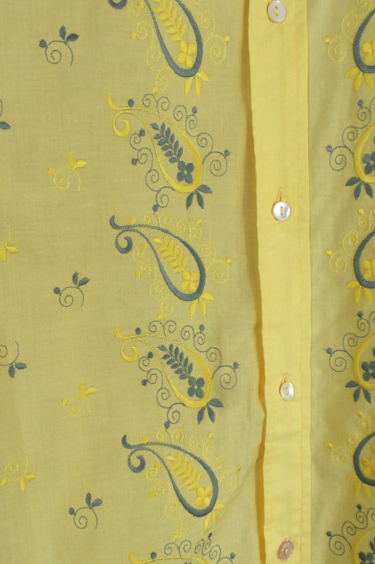 1970s Lemon Yellow and Grey Paisley Embroidered Shirt, by Bonsoir Boutique, 45in Chest