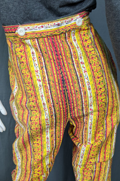 1950s Yellow and Red Cropped Capri Pants, 27in Waist