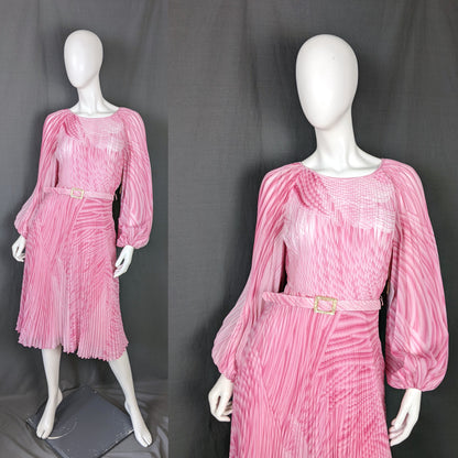 1970s Pink Swirl Pleated Vintage Dress with Belt, by Fink Modell