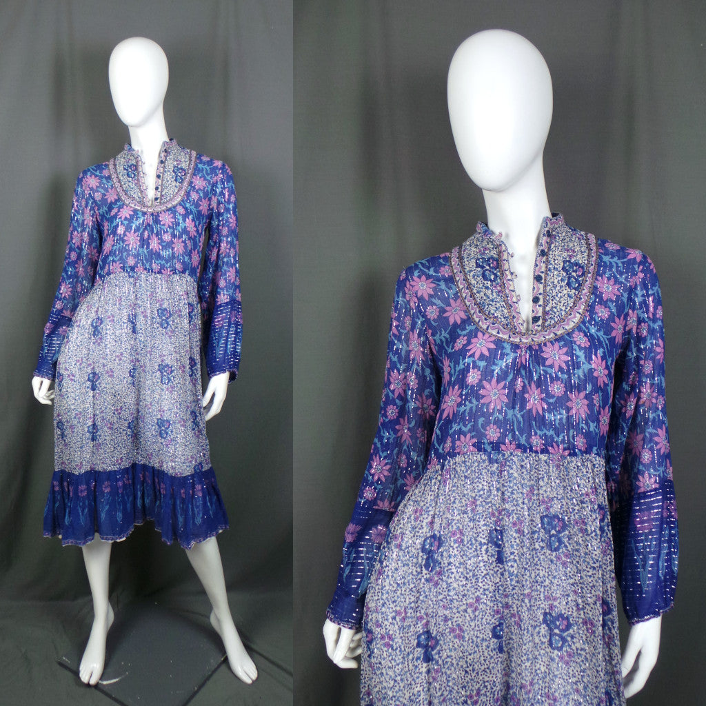 1970s Blue and Pink Vintage Indian Cotton Floral Dress