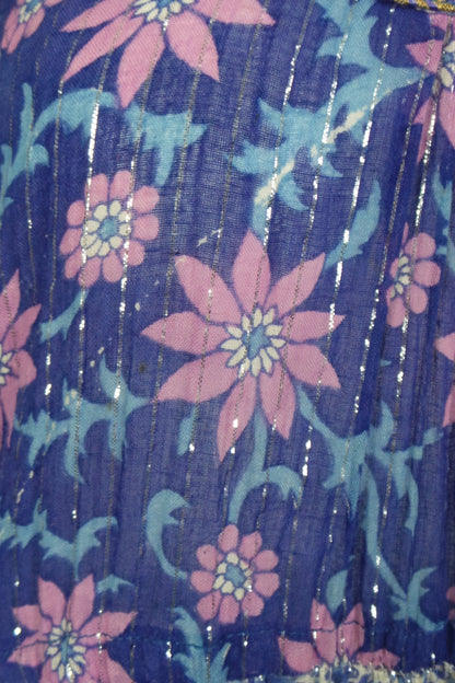 1970s Blue and Pink Indian Cotton Floral Dress, 35in Bust
