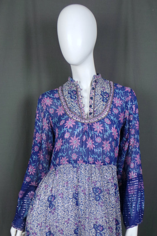 1970s Blue and Pink Indian Cotton Dress | S