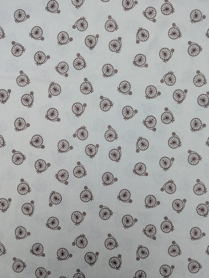 1960s Cream Penny Farthing Novelty Print Crimplene Fabric