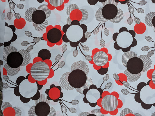 1960s White, Red and Brown Daisy Polyester Fabric