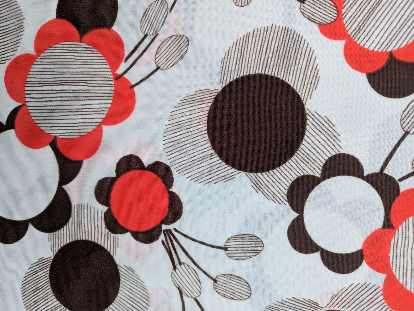1960s White, Red and Brown Daisy Polyester Fabric