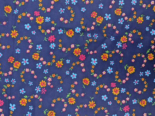 1960's Navy Floral Polyester Fabric