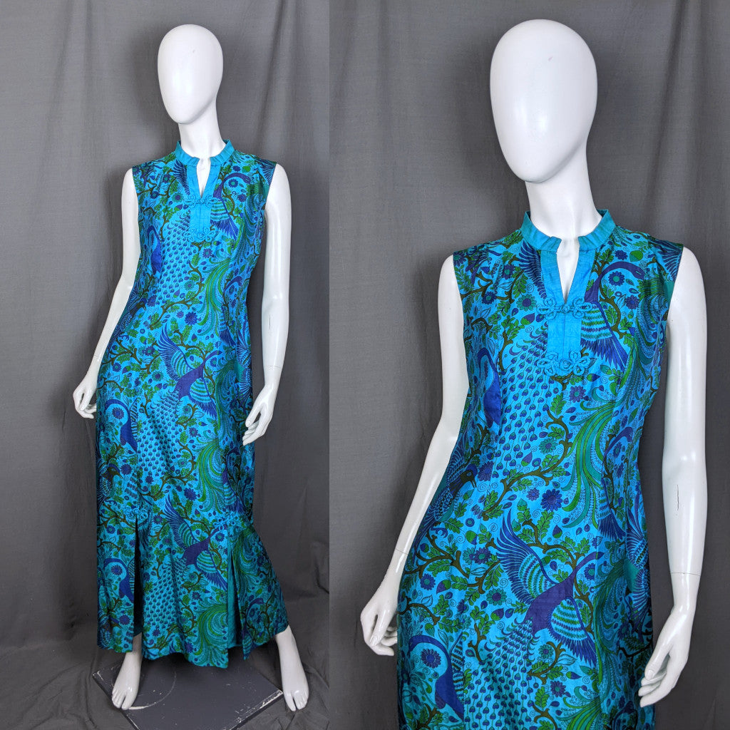 1960s Blue Peacock Silk Vintage Maxi Dress