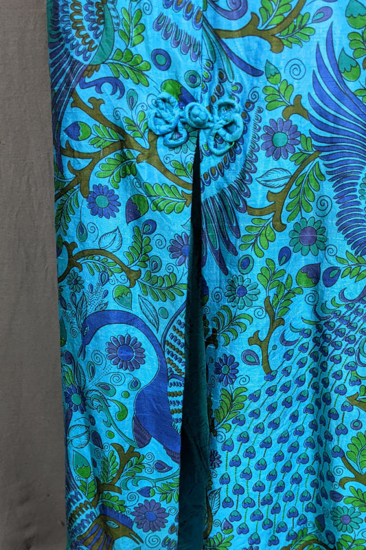 1960s Blue Peacock Silk Maxi Dress | M