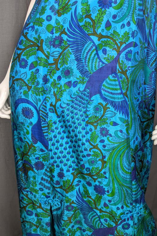 1960s Blue Peacock Silk Maxi Dress | M