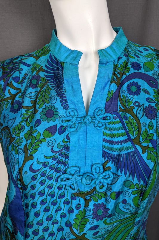 1960s Blue Peacock Silk Maxi Dress | M