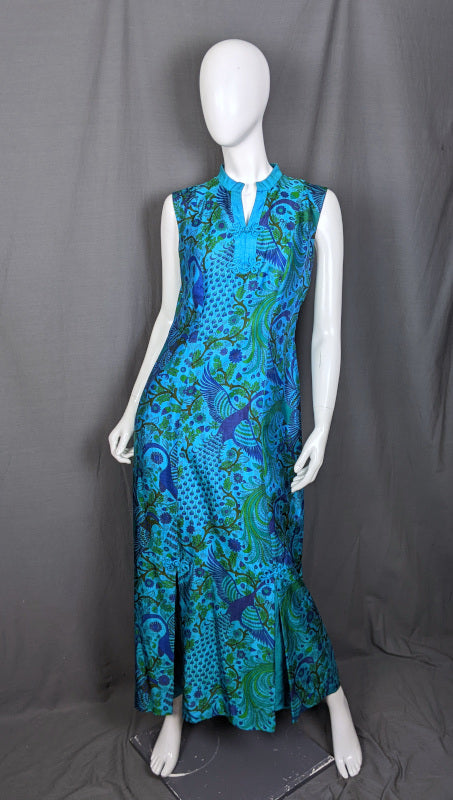 1960s Blue Peacock Silk Vintage Maxi Dress