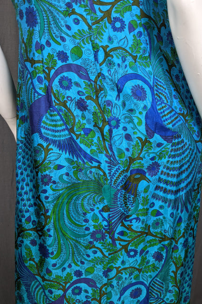 1960s Blue Peacock Silk Maxi Dress | M