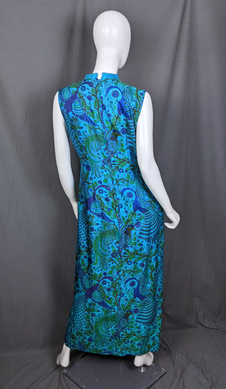 1960s Blue Peacock Silk Maxi Dress | M