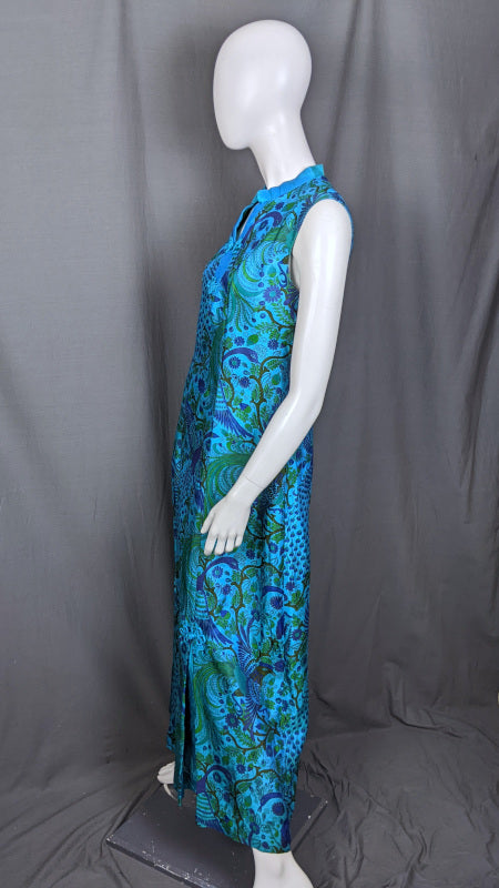 1960s Blue Peacock Silk Maxi Dress | M