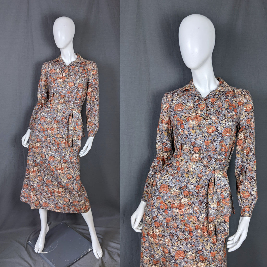 1970s Grey & Orange Floral Shirt Skirt Vintage Set Ports International