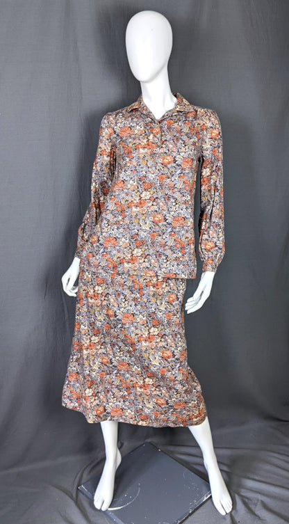 1970s Grey & Orange Floral Shirt Skirt Set | Ports International | XS