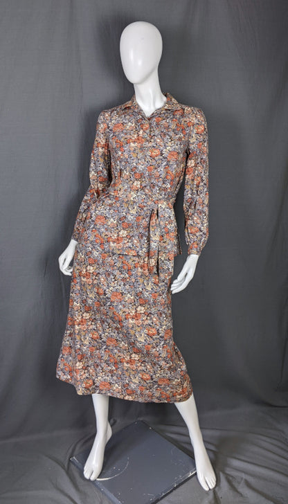 1970s Grey & Orange Floral Shirt Skirt Vintage Set Ports International