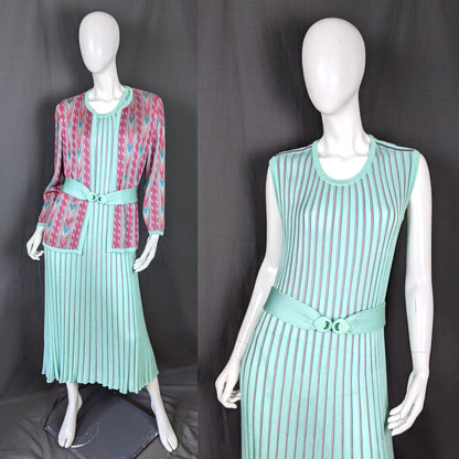 1980s Aqua & Pink Knitted Jacket & Dress Vintage Set Tricoville