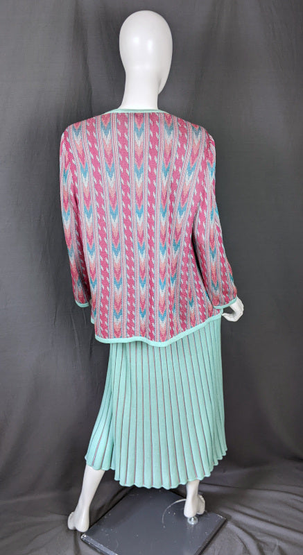 1980s Aqua & Pink Knitted Jacket & Dress Set | Tricoville | L