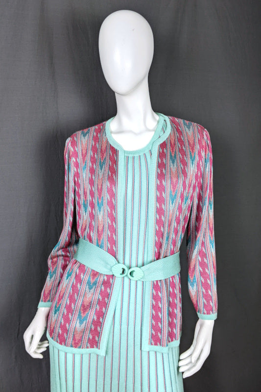 1980s Aqua & Pink Knitted Jacket & Dress Set | Tricoville | L