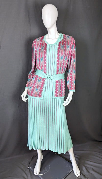 1980s Aqua & Pink Knitted Jacket & Dress Vintage Set Tricoville