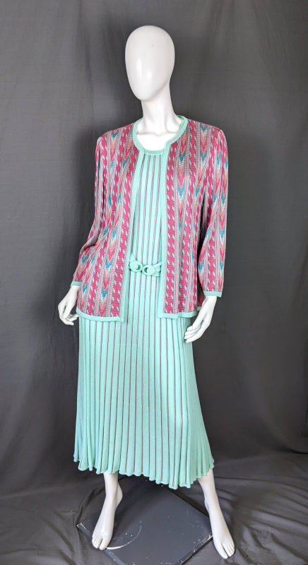 1980s Aqua & Pink Knitted Jacket & Dress Set | Tricoville | L