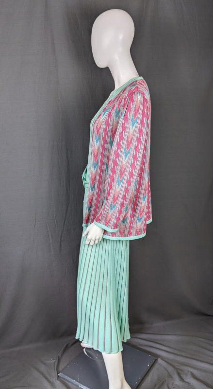 1980s Aqua & Pink Knitted Jacket & Dress Set | Tricoville | L