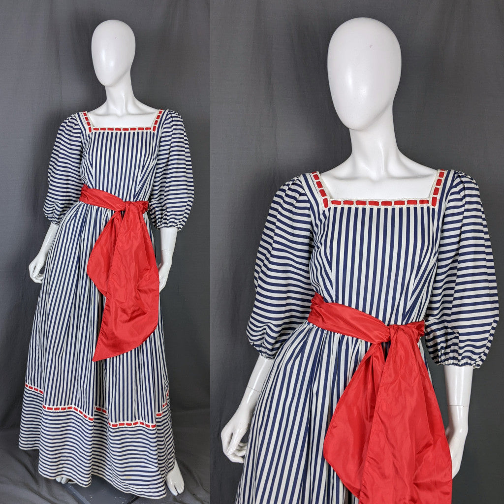 1970s Blue White Stripe Frontier Vintage Dress Capriccio 