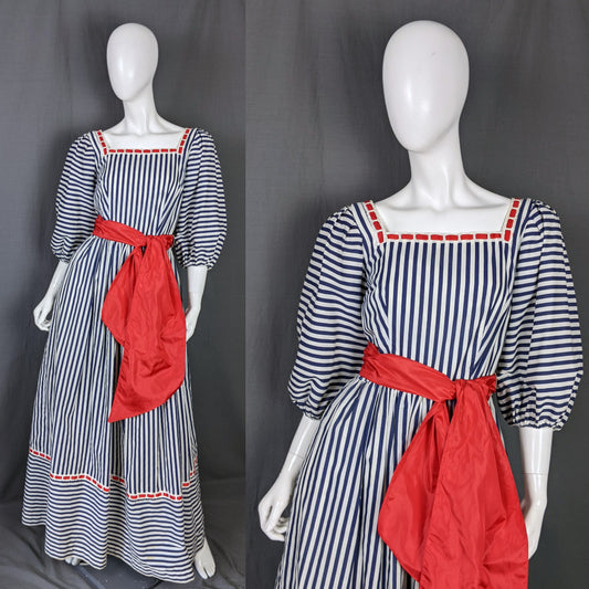 1970s Blue White Stripe Frontier Vintage Dress Capriccio 